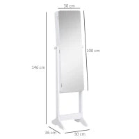 Armadio Portagioie Portagioielli con Specchio Regolabile e Illuminazione LED, Legno, Bianco, 30x146x36 cm