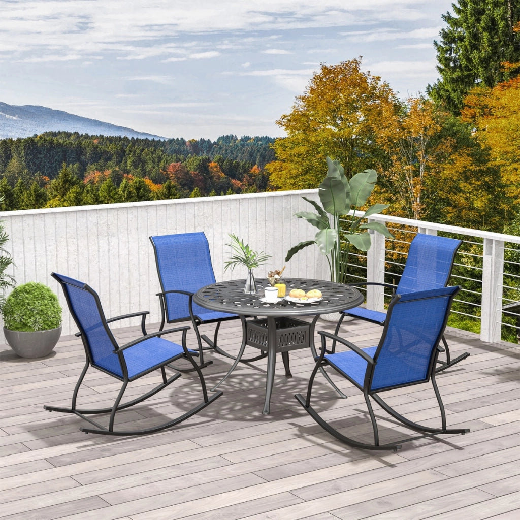 2 Sedie a dondolo da esterno con schienale traspirante telaio metallico, Sedie a dondolo per giardino Blu scuro-Poltrone e sdraio