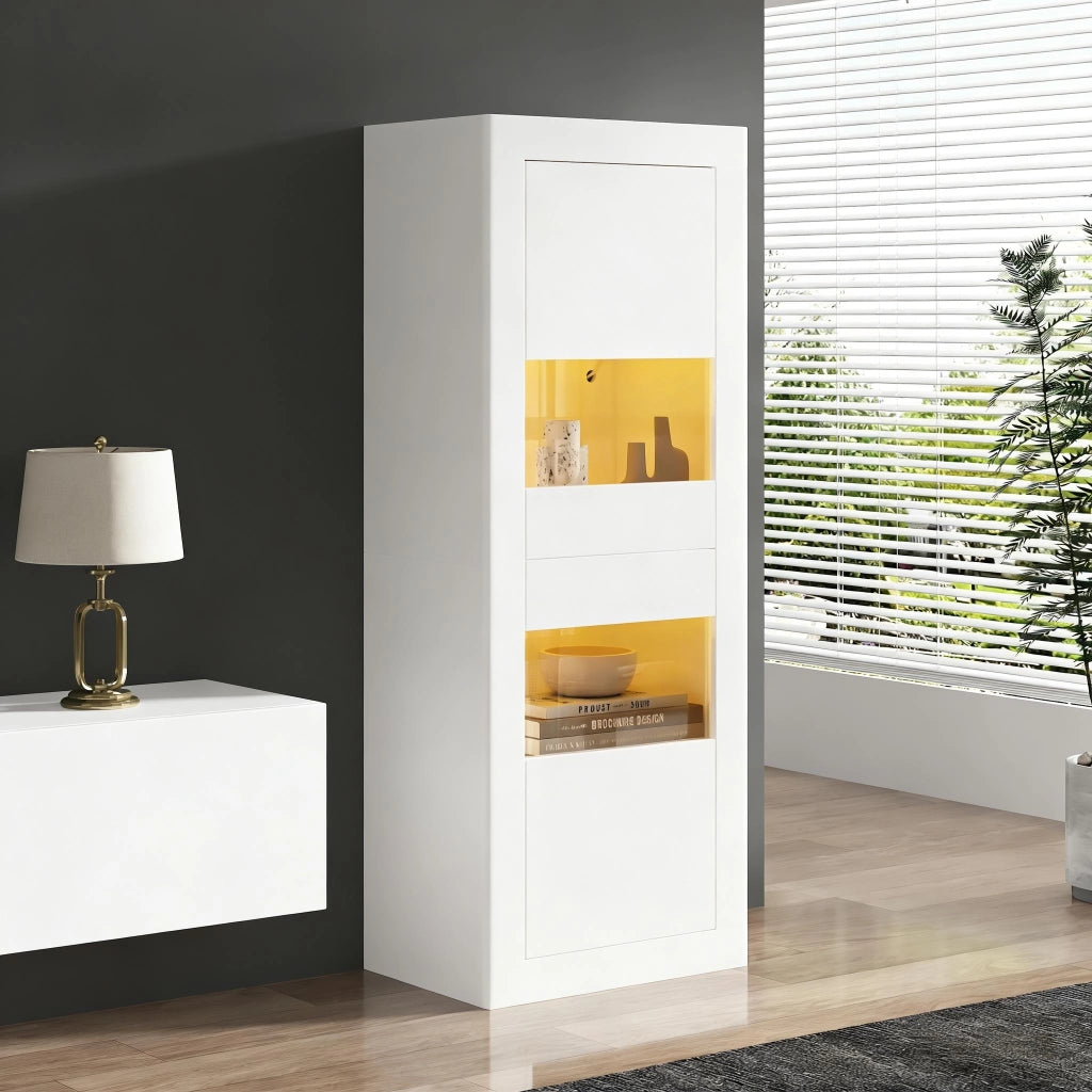 Vetrina bianca con illuminazione LED, 61 x 42 x 162 cm, 2 ante, ripiani in vetro regolabili, mobile espositivo da pavimento