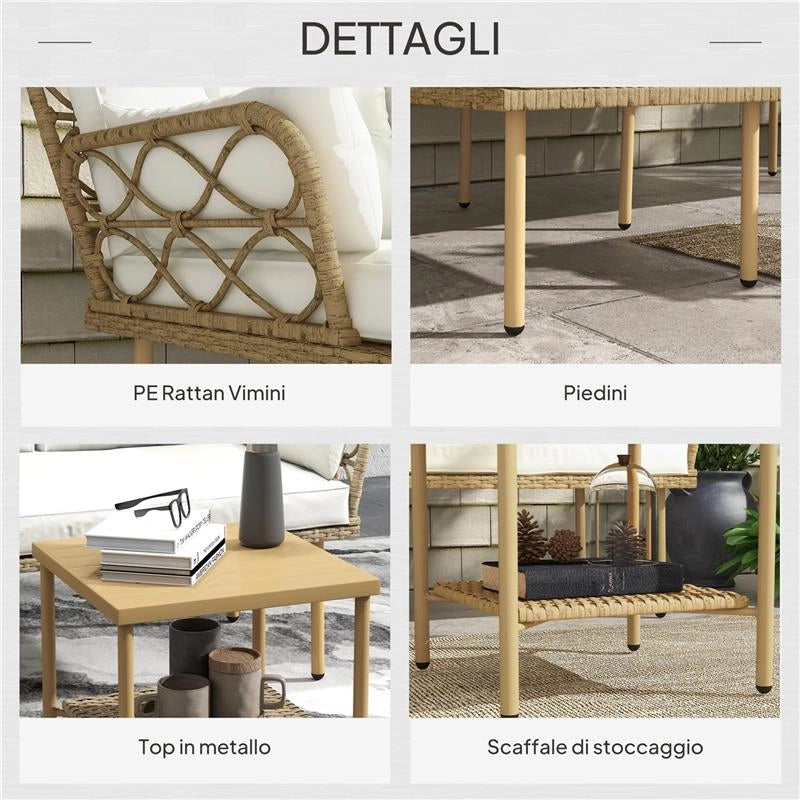 SET DA GIARDINO 3PZ CON CHAISE LONGUE, DIVANETTO, CUSCINI E TAVOLINO, IN RATTAN E ACCIAIO, BIANCO CREMA E LEGNO