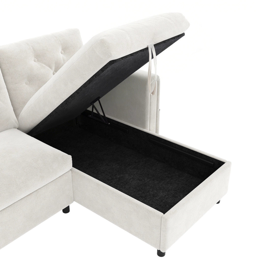 Divano letto angolare beige con contenitore, schienale trapuntato e vani laterali