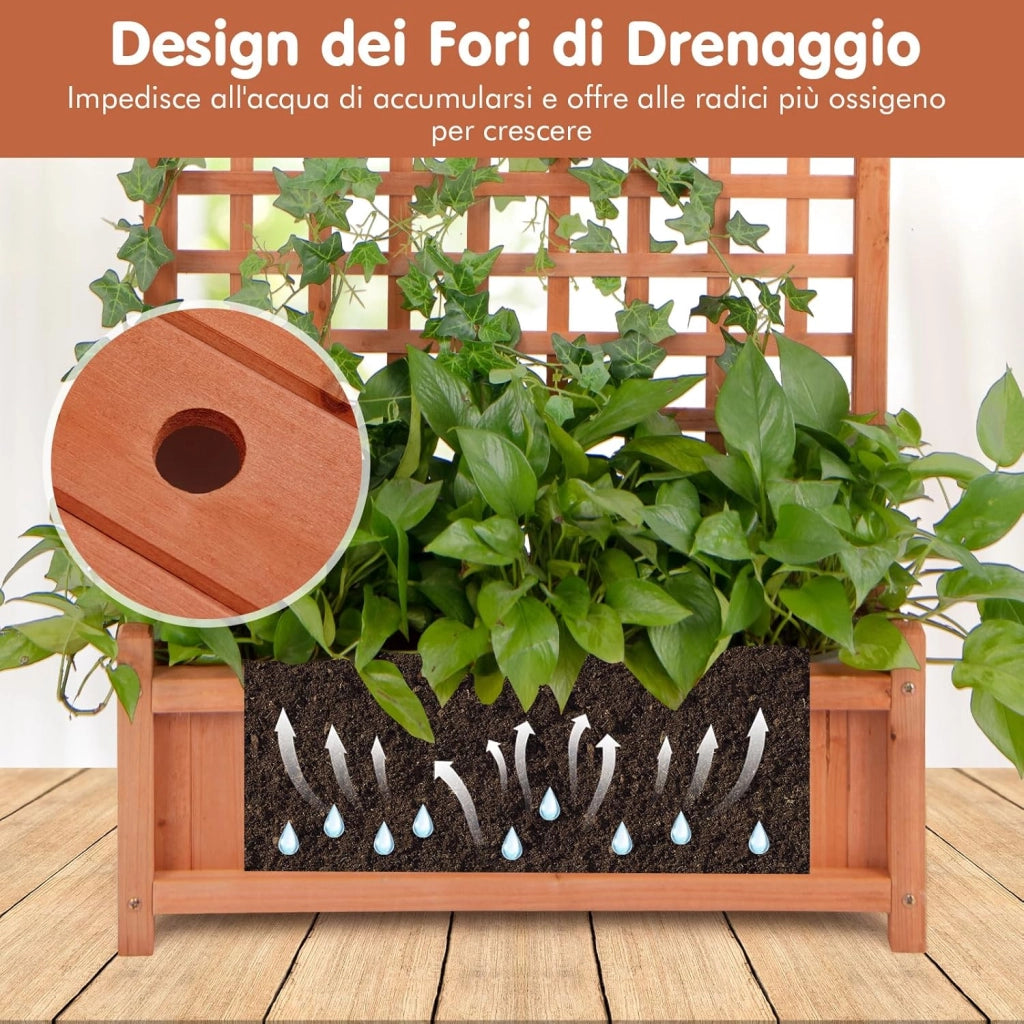 Fioriera da Esterno con Grigliato e Tettuccio, Letto Rialzato in Legno con Fori di Scarico, Aiuola Rialzata con Spalliera per Piante Rampicanti Viti e Fiori, 75 x 33 x 182,5 CM