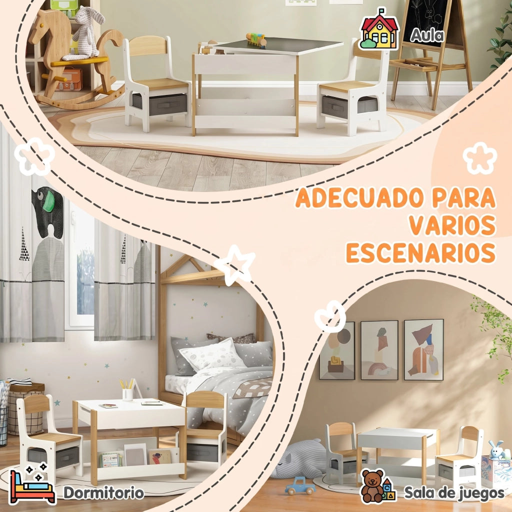 Set Tavolo e Sedie Bambini 3in1 ¨C Xylo ¨C Bianco Legno Naturale con Lavagna Cassetti