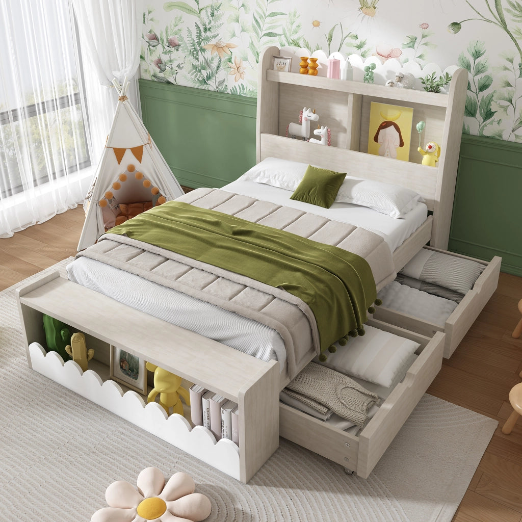 Letto singolo 90x190 cm con cassetti, mensole e contenitore, struttura in legno, bianco e rovere
