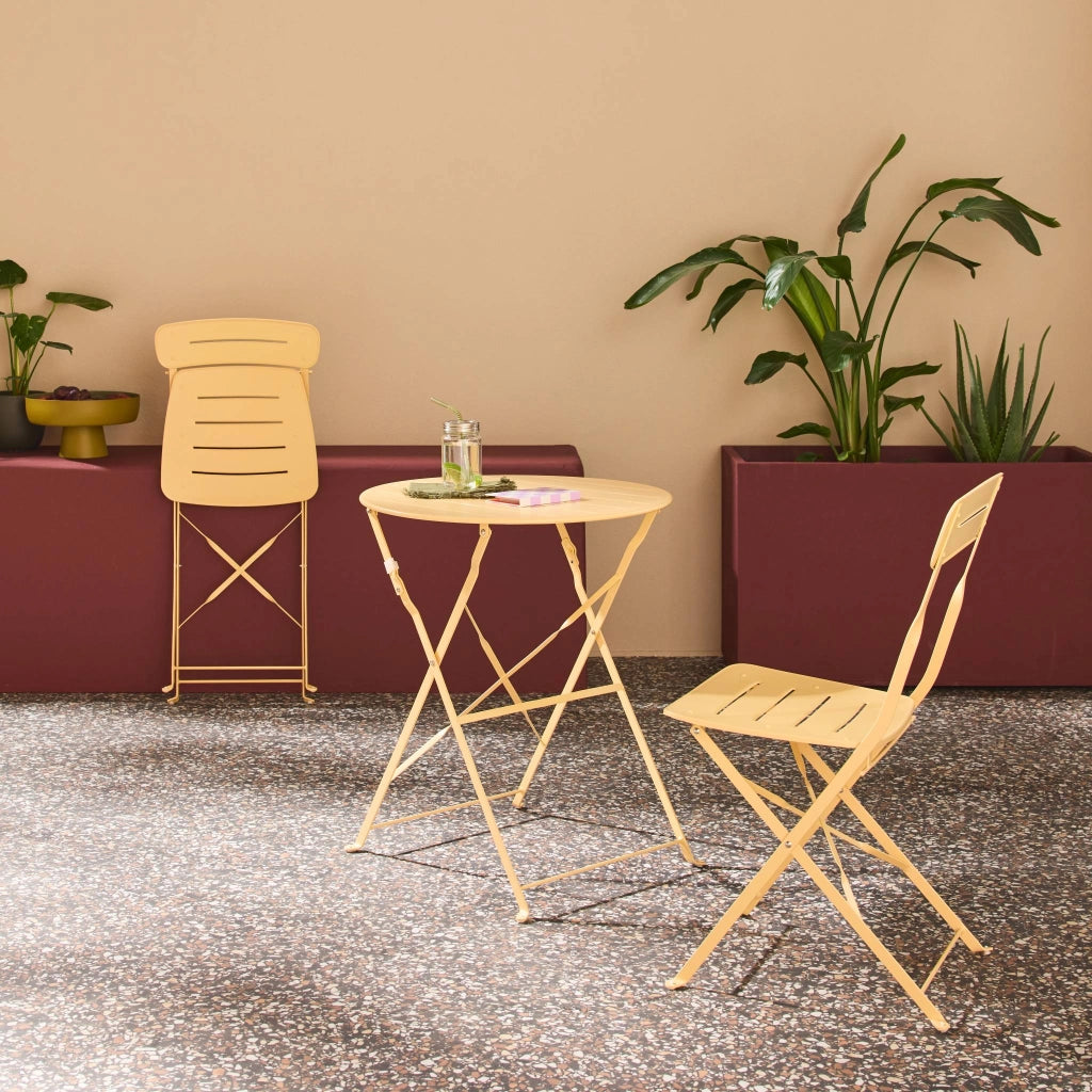 Set tavolo da giardino bistrot pieghevole rotondo in acciaio, 2 sedie,