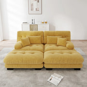 Divano modulare in ciniglia giallo con due pouf mobili e quattro cuscini per configurazioni angolari o lineari