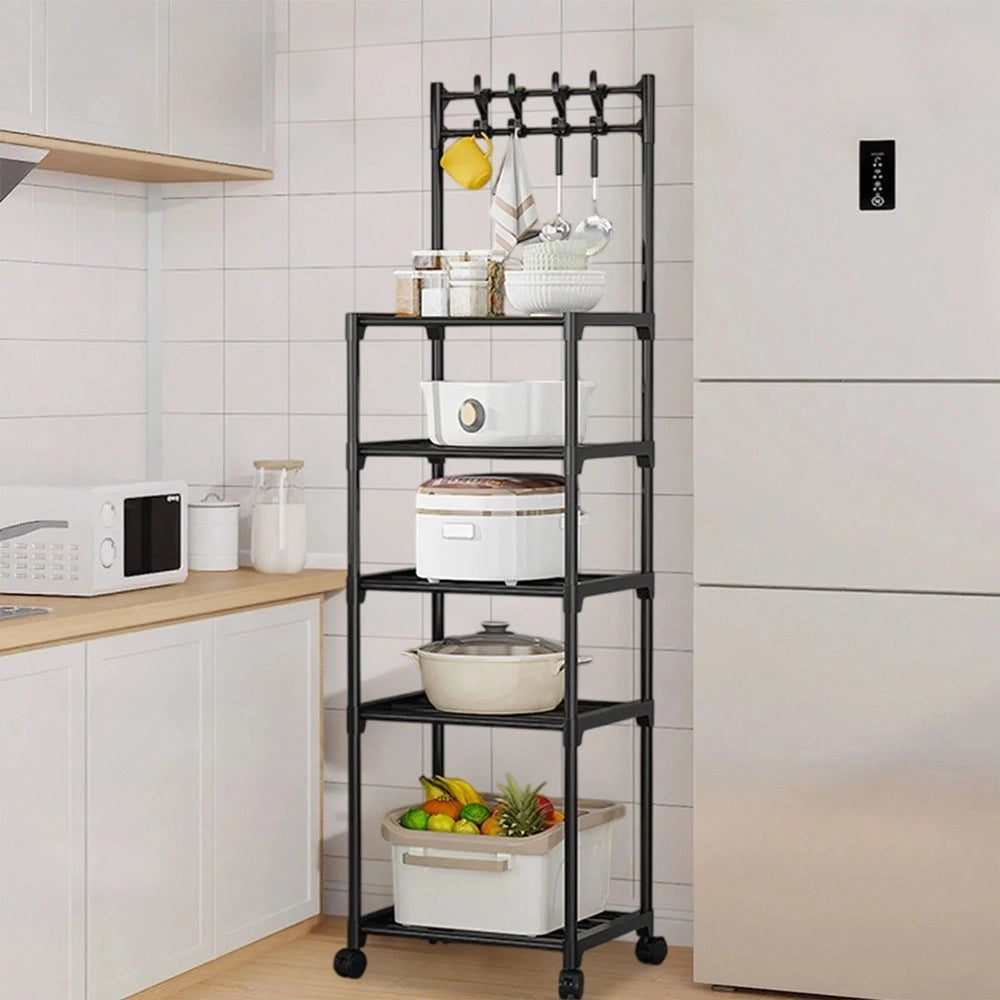 Trade Shop - Carrello Portaoggetti A 5 Ripiani Scaffale Multiuso Con Ruote Ganci Per Cucina Bagno Nero -