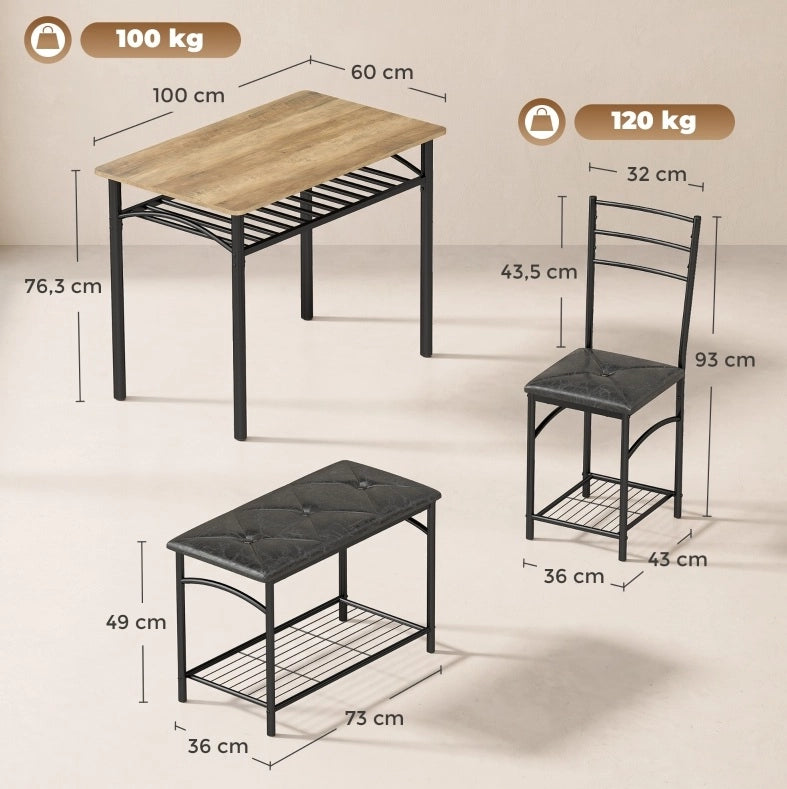 Set da pranzo industriale 4 posti con tavolo, 2 sedie e panca