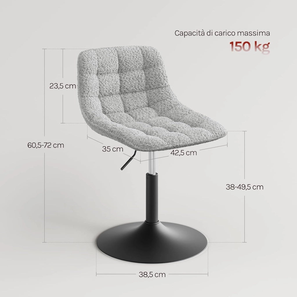 2 x Sgabelli per Toeletta Trucco, Sedia da Trucco con Schienale, Sgabello Regolabile in Altezza, Seduta in Ciniglia, Base in Metallo, Sgabello per Cucina, Camera da Letto, Grigio