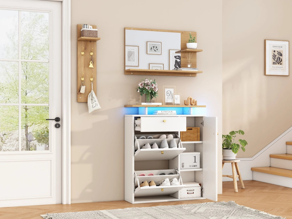 Mobili da ingresso con specchio, scarpiera a 3 vani e appendiabiti a 4 ganci, per corridoio, bianco, 105 × 25 × 151.5 cm