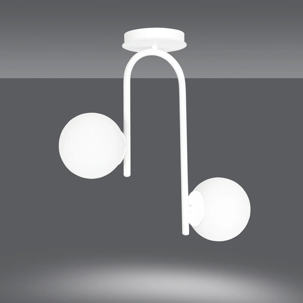 Lampadario 2 Luci Rama In Acciaio Bianco A Bracci E Sfere In Vetro Opalino