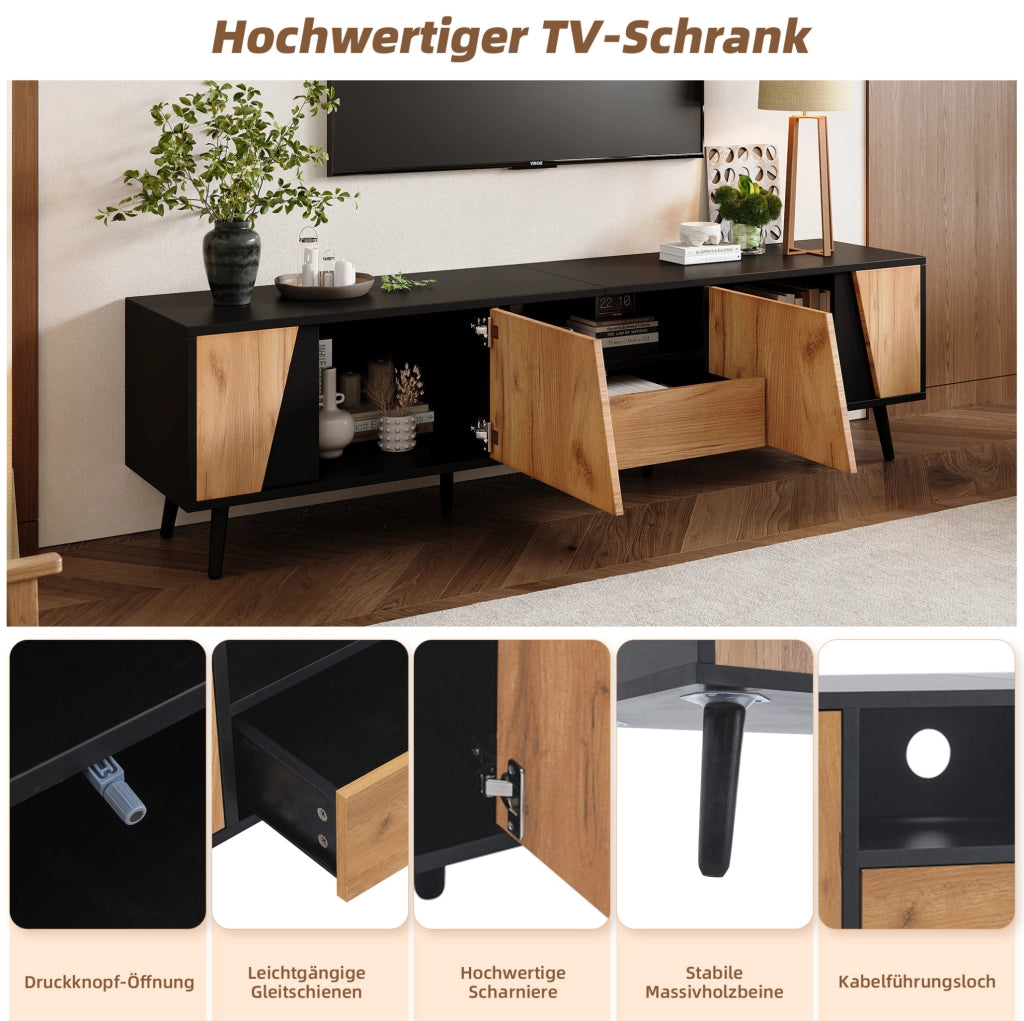 Mobile TV 180x40x46 cm nero e legno con 2 ante, cassetto e vani aperti