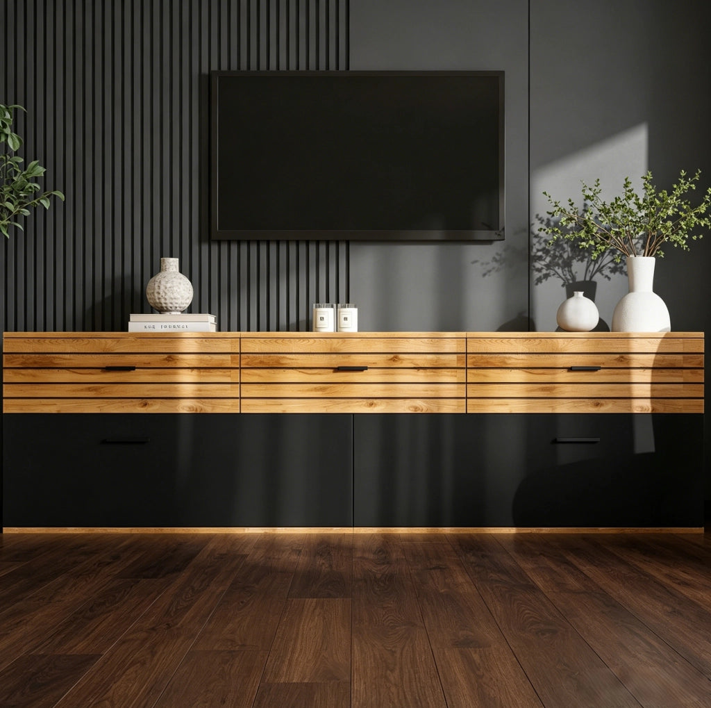 Mobile TV 168 cm con 3 cassetti e 2 ante, naturale e nero