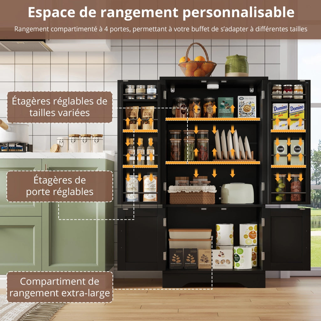 Credenza con 4 ante; ripiani regolabili e luce LED - per cucina - 120×60×40 cm - nero