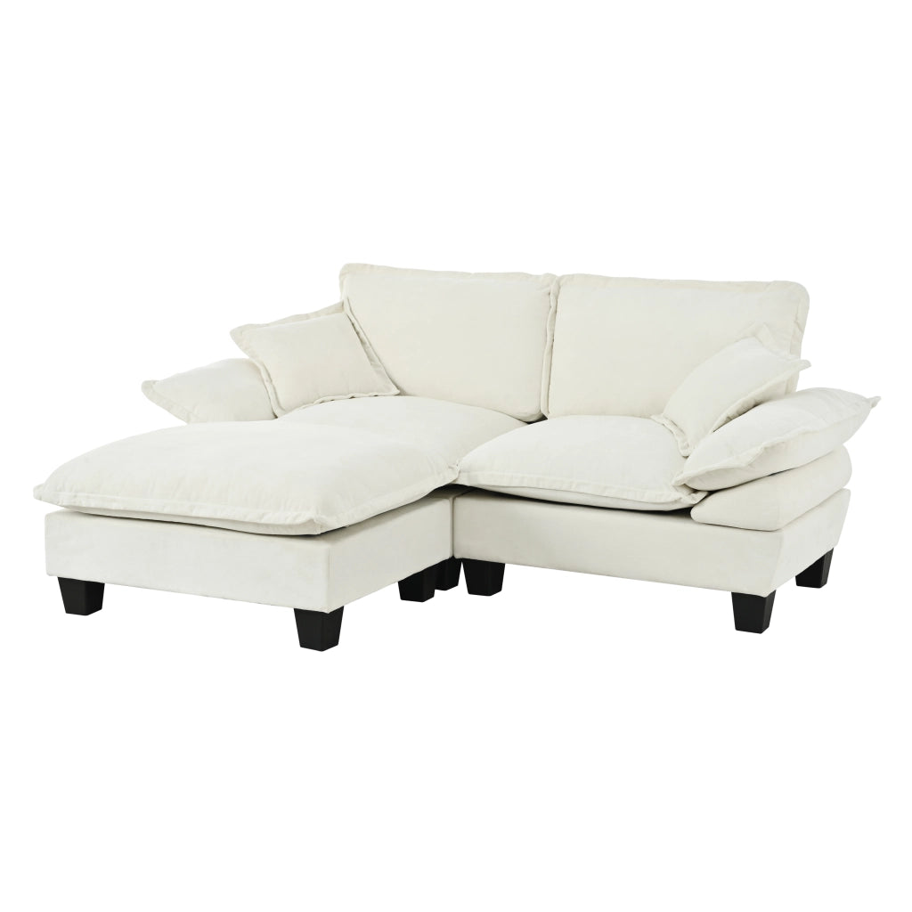 Divano angolare con chaise longue e cuscini; in chenille beige 194×151×90 cm