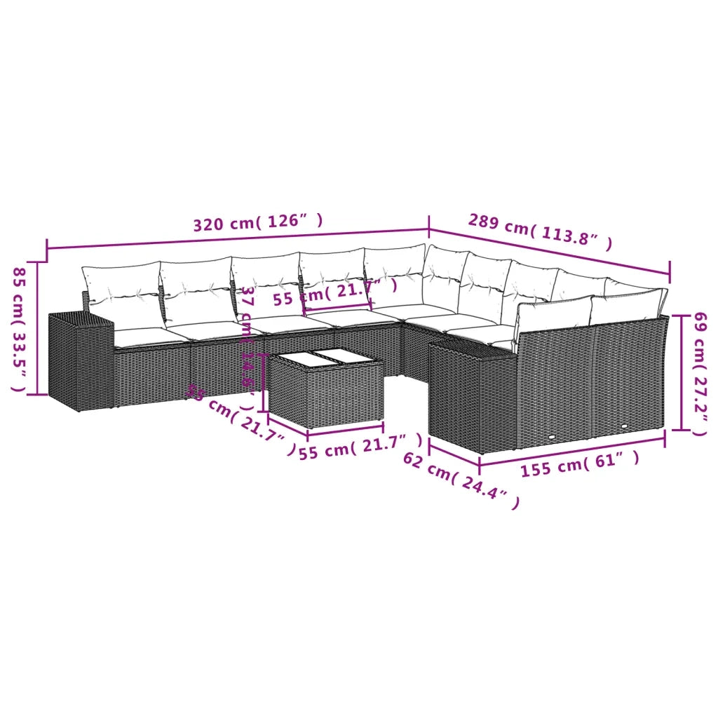 Set Divani da Giardino 11 pz con Cuscini in Polyrattan Grigio