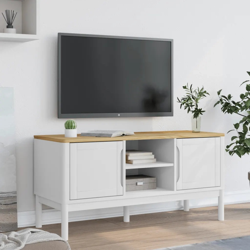 Mobile TV-Credenza TV-Console TV FLORO Bianca 114x43x55 cm in Legno Massello di Pino