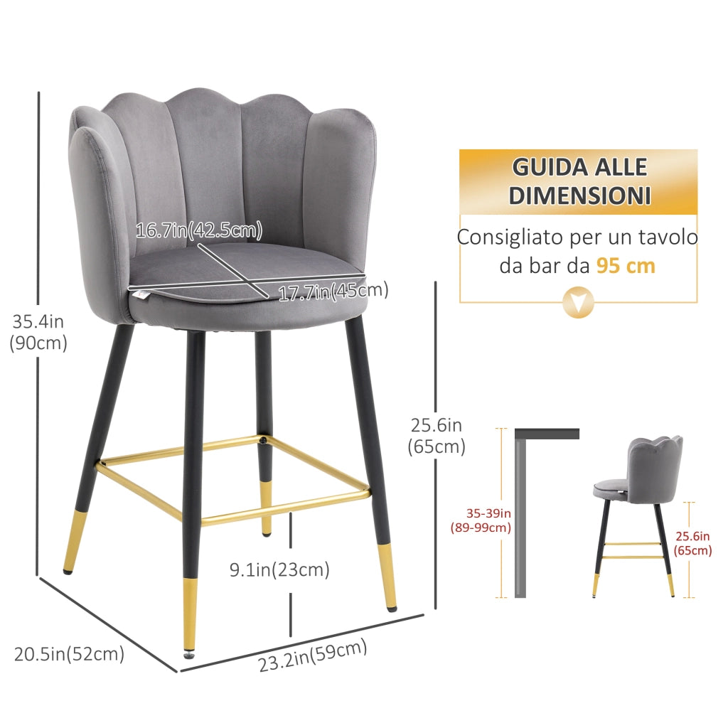 Sgabelli da Bar Velluto con Poggiapiedi ¨C zephmum ¨C Grigio 59x52x90cm