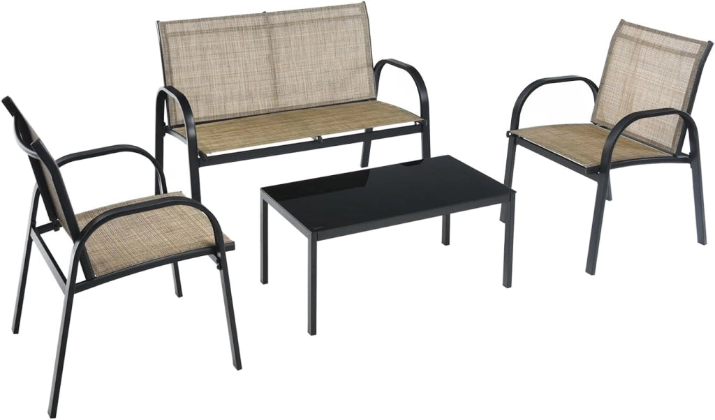 Set di 4 mobili da giardino per 4 persone, set da giardino con 2 sedie e 1 panca e 1 tavolino da caffè, set di mobili da terrazza per piscina, cortile (marrone), QF54737IBDE