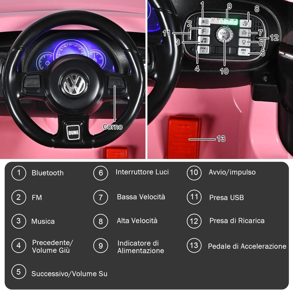 12V Volkswagen Macchina Elettrica per Bambini, Auto Elettrica con Telecomando Luci Musica Doppia Porta, 5km/h Carico 30kg, per Bambini 3-8 Anni (Rosa)