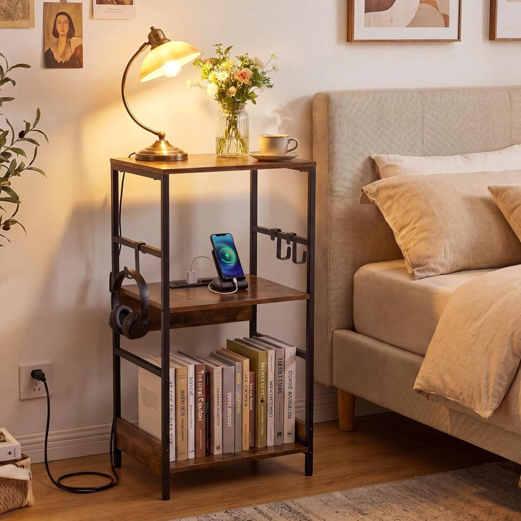 Supporto per Giradischi a 3 Livelli, Mobile Porta Giradischi in Legno con Stazione di Ricarica e 3 Ganci, Scaffale per Dischi Industriale per Soggiorno e Camera da Letto, 40 x 30 x 78 cm