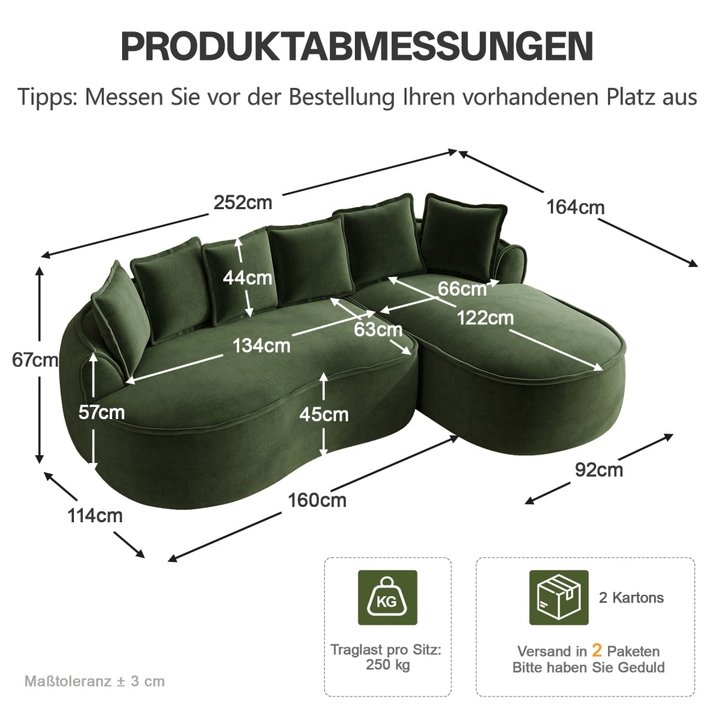 Divano componibile angolare in chenille verde senza struttura con chaise longue profonda e braccioli larghi