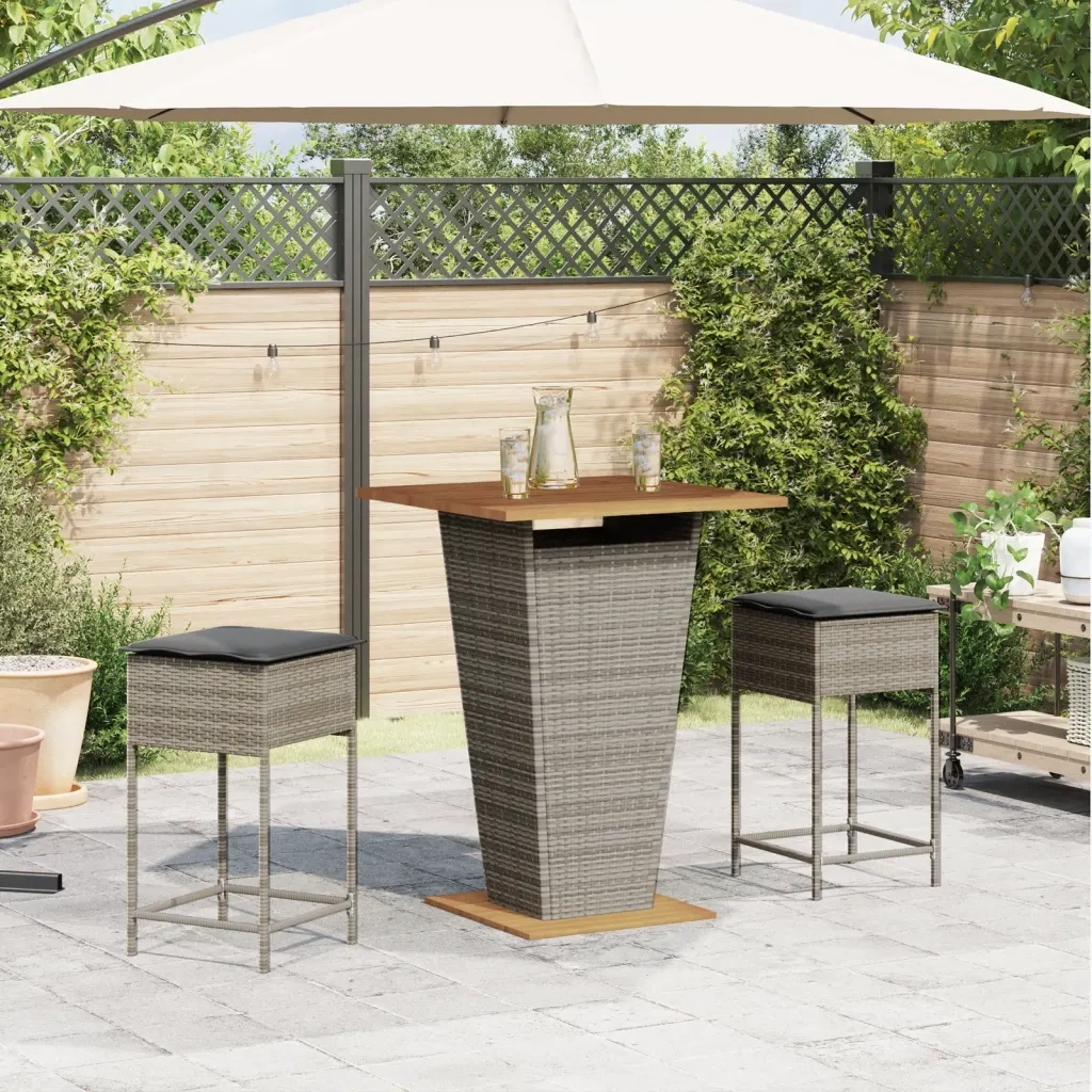 Set Bar da Giardino 3pz | Set Salotto da Giardino con Cuscini Grigio in Polyrattan