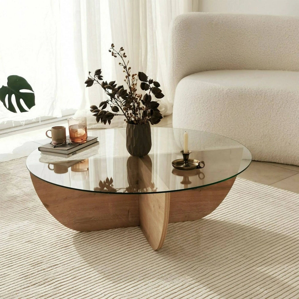 Jolanda, Tavolino da Salotto Forma Circolare, 90x90x30h cm Marrone Rovere