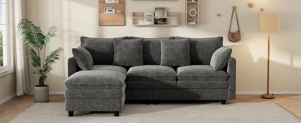 Divano angolare con chaise longue mobile 3 posti con 4 cuscini e 3 schienali in ciniglia grigia 212 × 150 × 90 cm