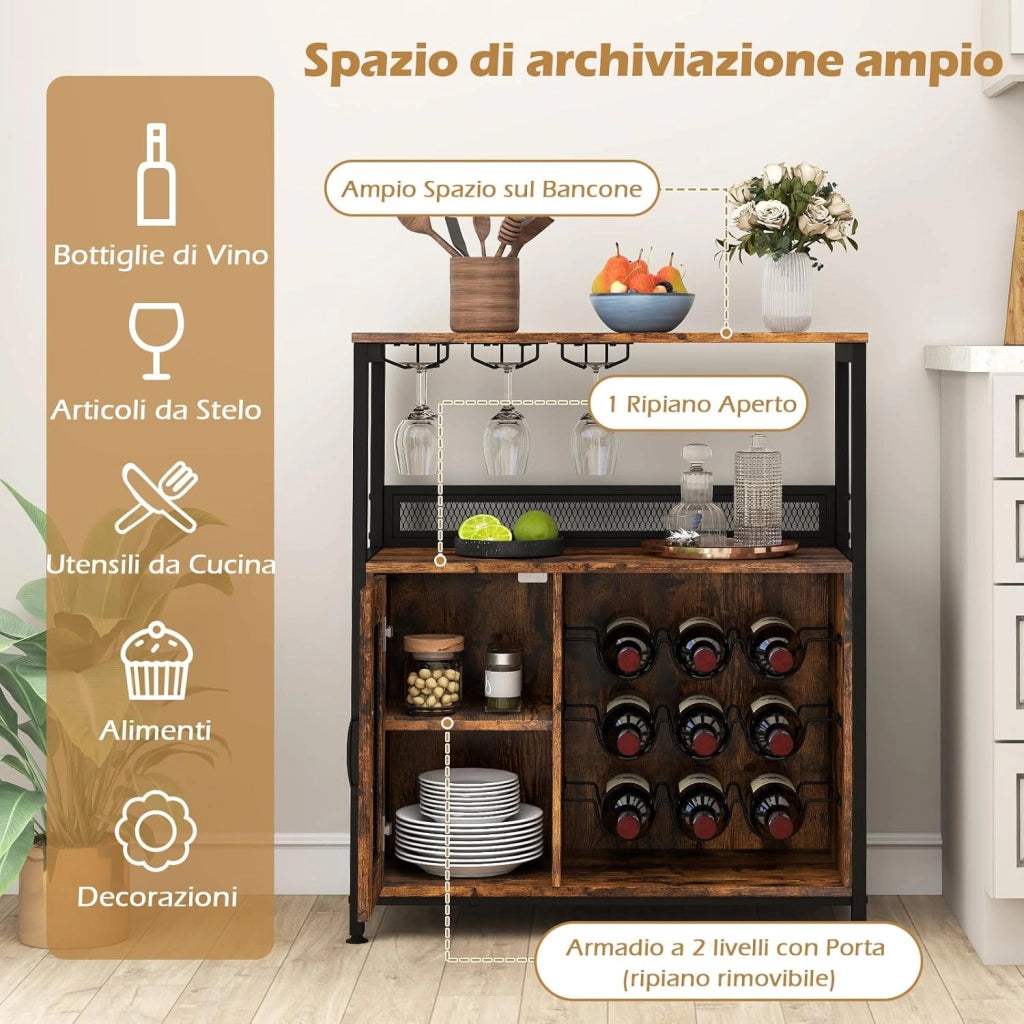 Cantinetta Porta Bottiglie di Vino, Armadietto per Vino con Portabicchieri, Scaffale Aperto e Ripiano Rimovibile, Credenza in Legno Industriale per Cucina e Sala da Pranzo, 75 x 34 x 90,5 cm