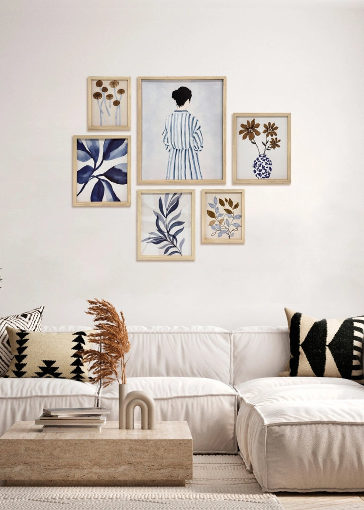 Set 6 stampe Hispanohogar incorniciati botaniche blu e beige 50x40