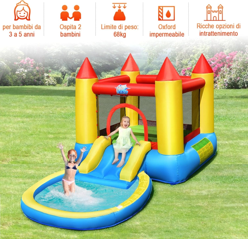 Castello gonfiabile per bambini, Con Scivolo ad Acqua, Trampolino e Piscina, per 2 Bambini di 3-5 Anni, Con Borsa di Trasporto e Kit di Riparazione, 365 x 200 x 190 cm (Senza soffiatore)