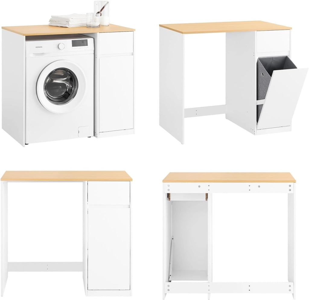 Mobile per lavatrice – Armadio da bagno con cesto portabiancheria e cassetto, per lavatrice e asciugatrice, Mobiletto salvaspazio legno, Bianco,100×60×90 cm, BZR217-WN