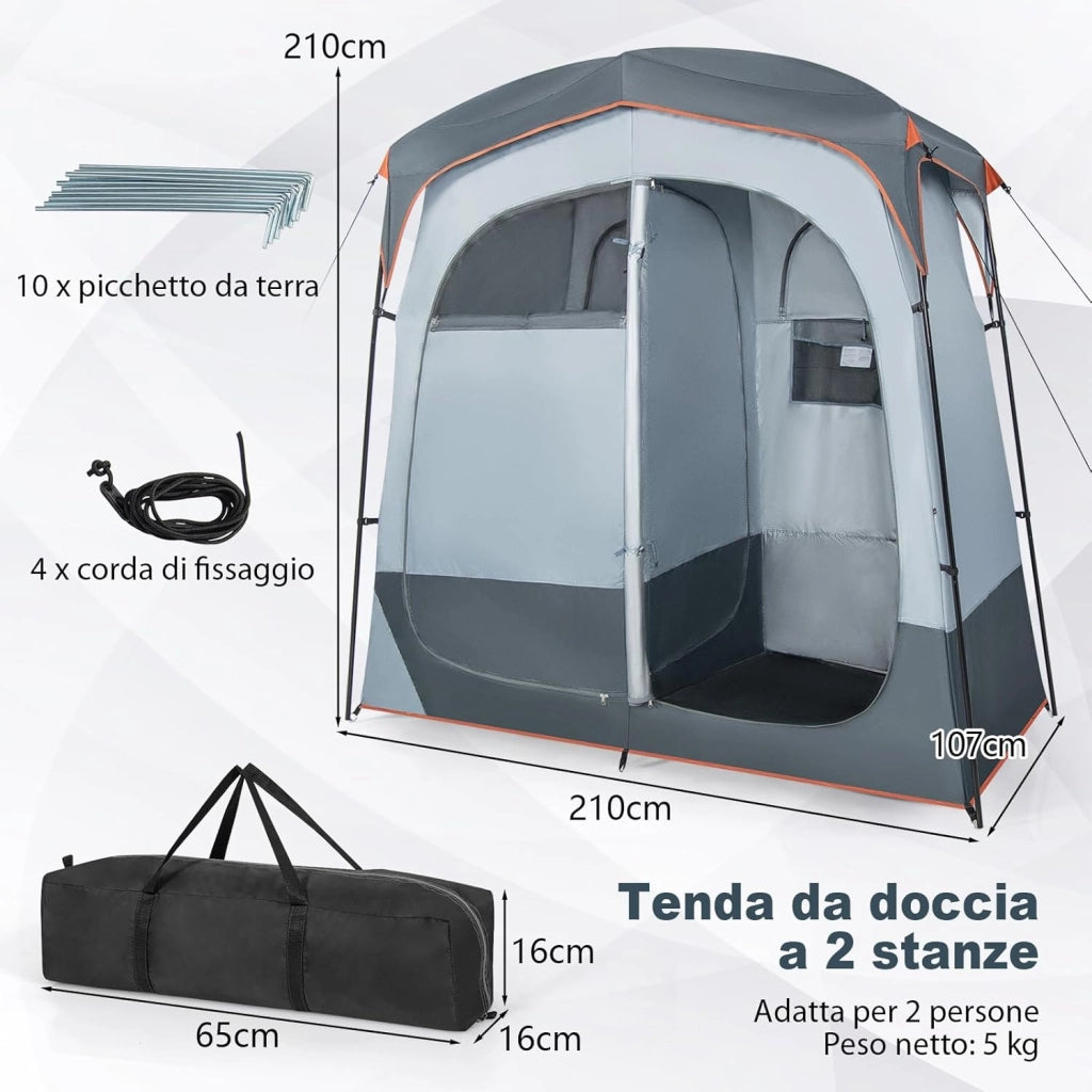 Tenda Spogliatoio da Esterno a 2 Stanze, Tenda da Doccia da Campeggio con Parapioggia Rimovibile, Stendibiancheria e Borsa, Tenda per WC Doccia per Campeggio, Spiaggia e Pesca