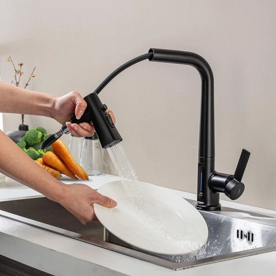 Kraan da cucina con sifone estratto, maniglia 360° girevole con display temperatura LED, rubinetto da cucina a singolo giro con 3 modalità di spruzzo, nero matte