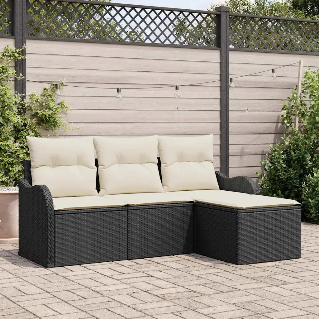 Set Divano da Giardino con cuscino 4 pz | Set Salotto da Giardino Nero Poly Rattan