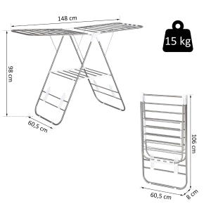 Stendibiancheria pieghevole con ali regolabili in acciaio inox, argento, 60,5 x 148 x 98 cm