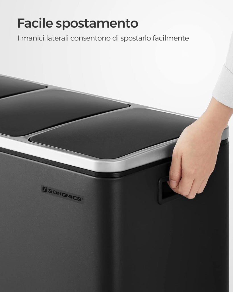 SONGMICS Cestino da Cucina, Pattumiera per Raccolta Differenziata 3 x 18L, 3 Scomparti per Riciclaggio, Coperchi a Chiusura Morbida, Pedali, Acciaio, Nero Inchiostro LTB54BK