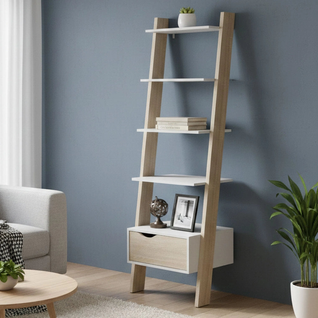 Libreria con un cassetto e quattro Acascia, colore bianco e rovere, cm 55 x 180 x 48.