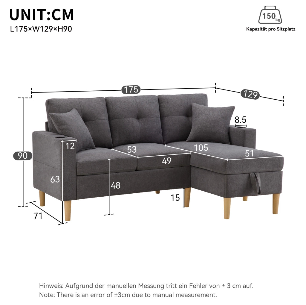 Divano 175x129x90 cm con chaise longue reversibile; contenitore e portabicchieri in cotone e lino grigio scuro
