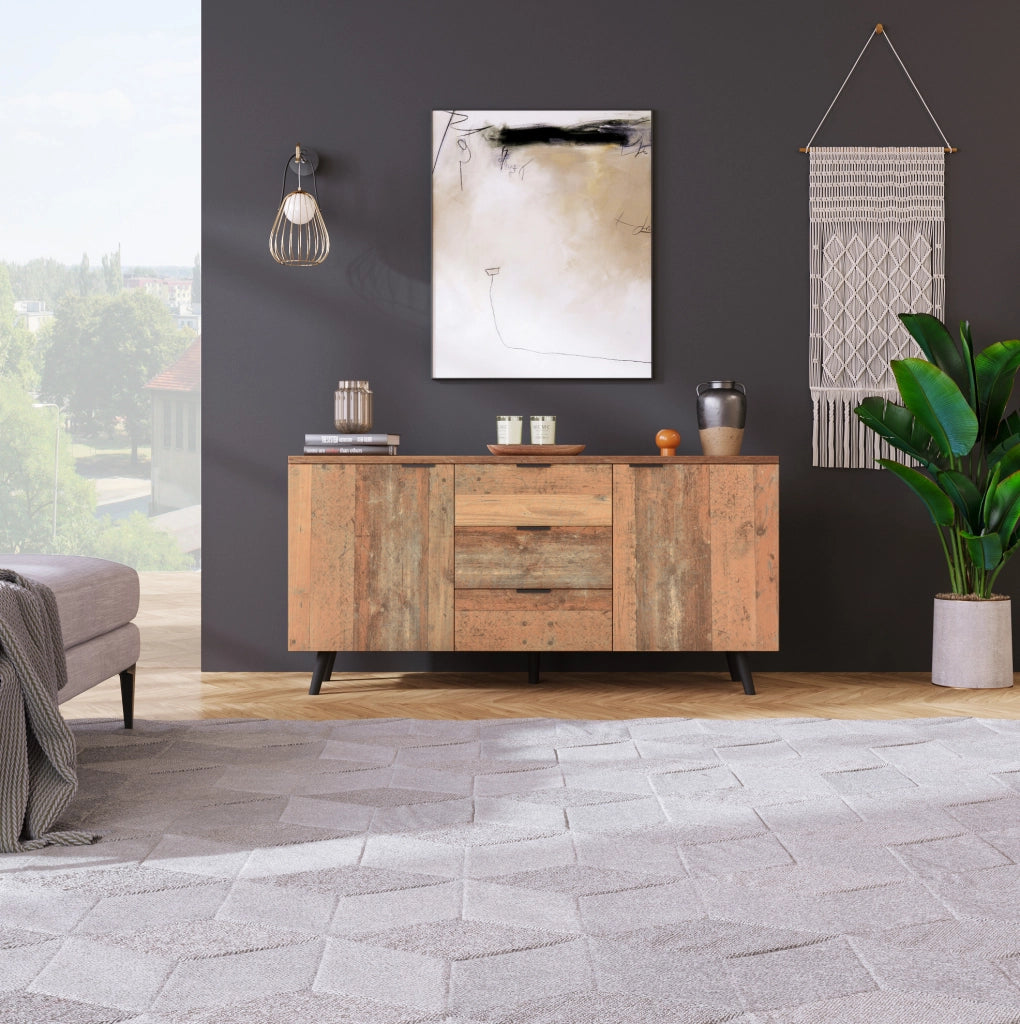 Credenza 140x35x70 cm con ripiani regolabili e 3 cassetti in truciolato marrone anticato