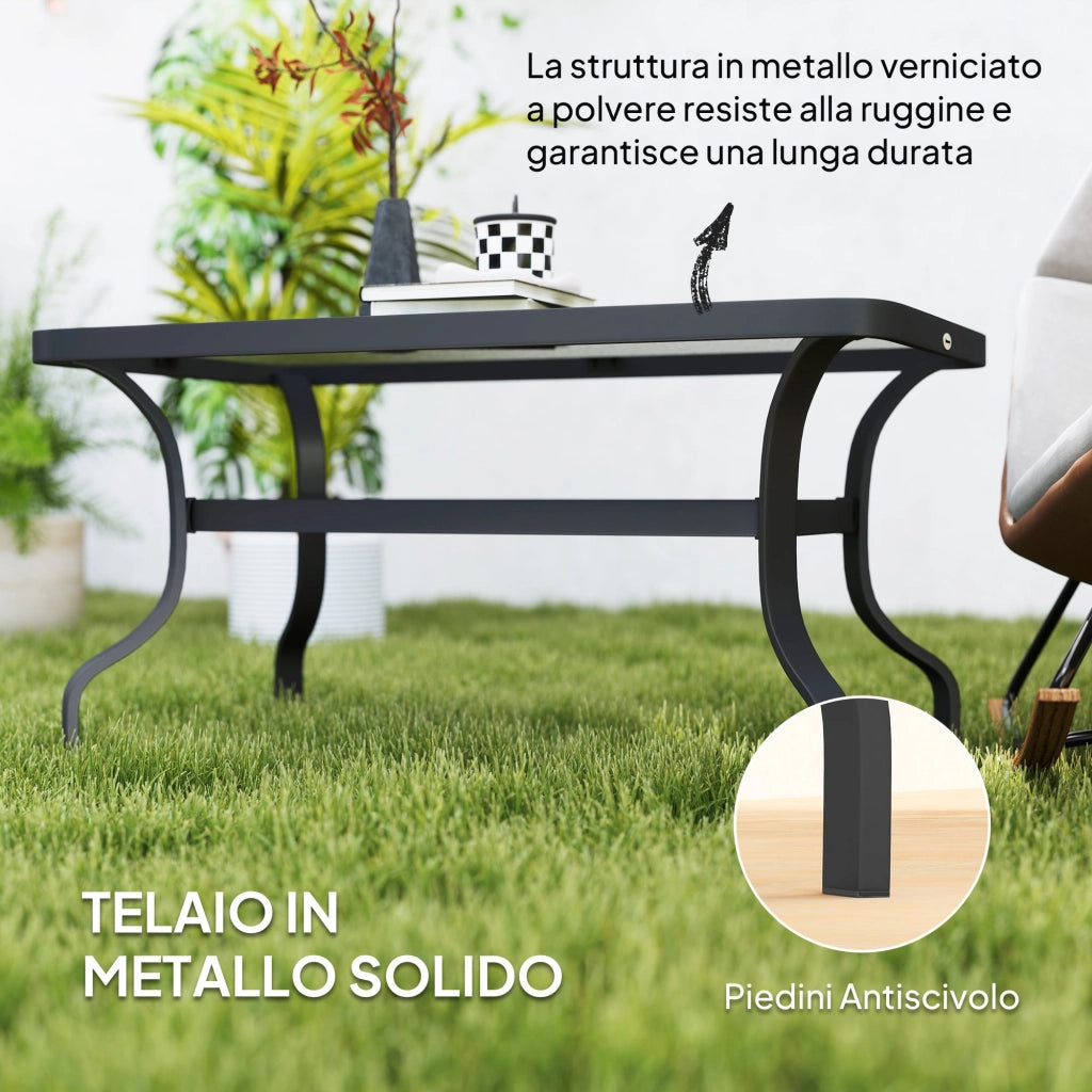 Tavolino da Esterno Rettangolare 95x55x46 cm Piano in Vetro in Metallo Nero