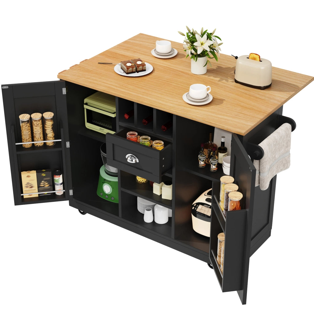 Carrello da cucina 140x40x93.5 cm con piano richiudibile e ruote in MDF nero
