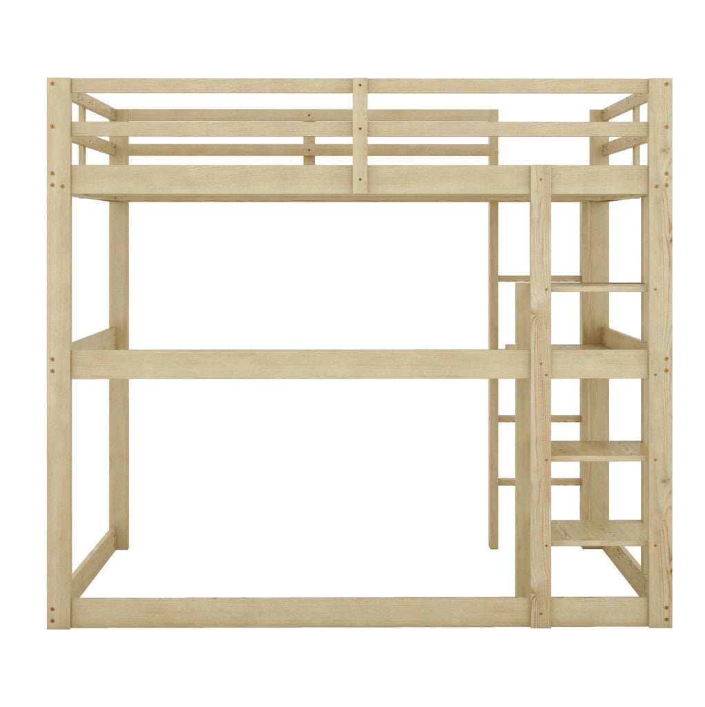Letto a soppalco 140x200 cm con scrivania e 4 vani in legno di pino; colore naturale
