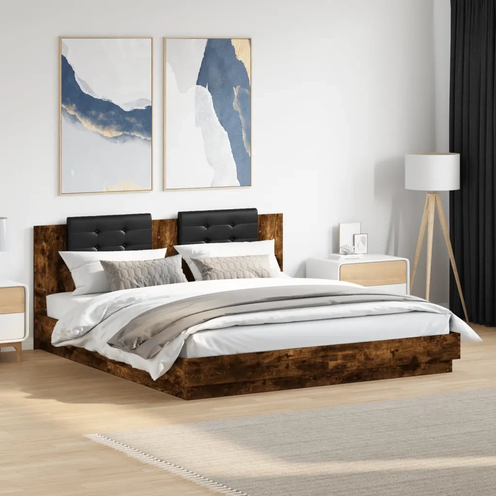 Giroletto con Testiera e LED Rovere Fumo 200x200 cm 3209986