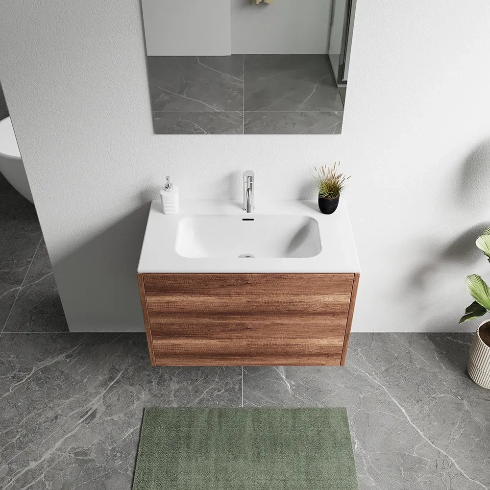 Mobile bagno sospeso 100cm due cassetti apertura push&pull rovere barok con lavabo | Galdor