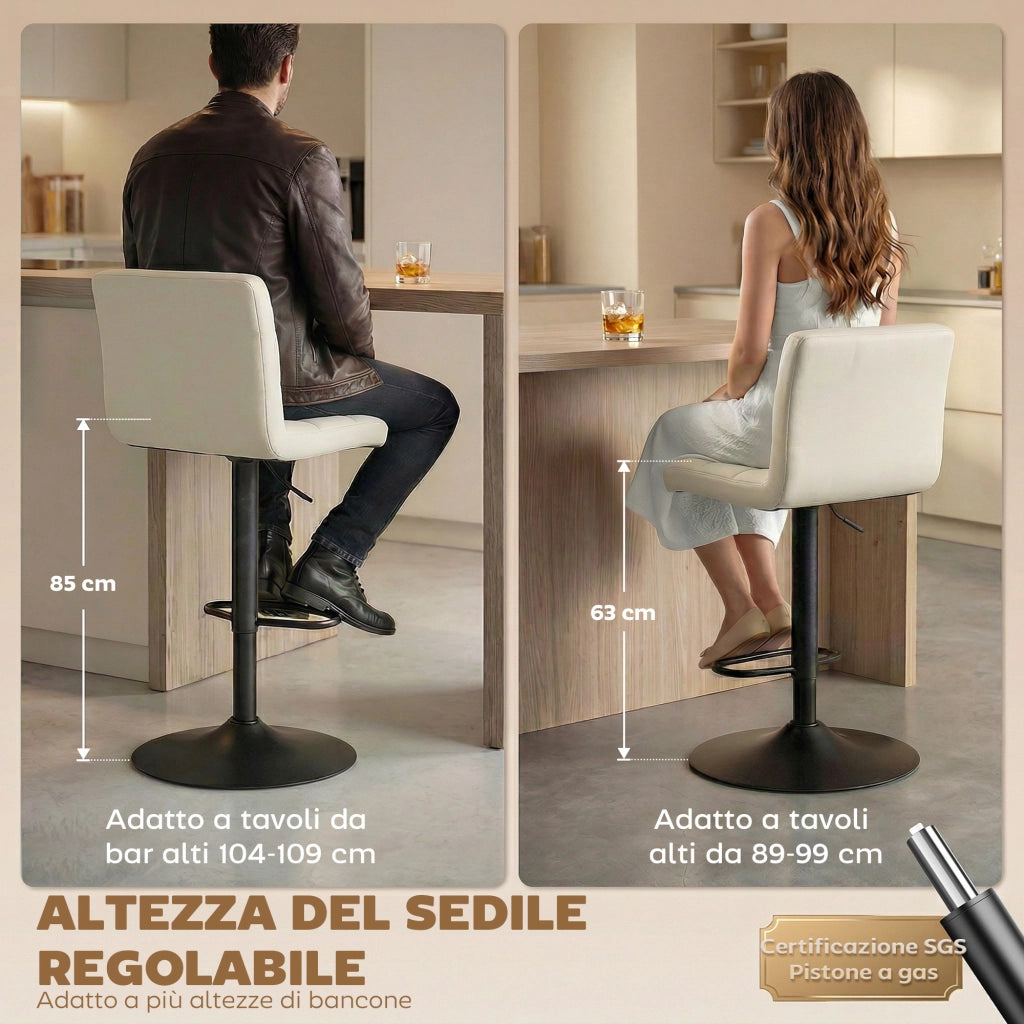 Sgabelli da Bar Regolabili ¨C zephmum ¨C Pelle Crema e Acciaio 39.5x44x88-110 cm