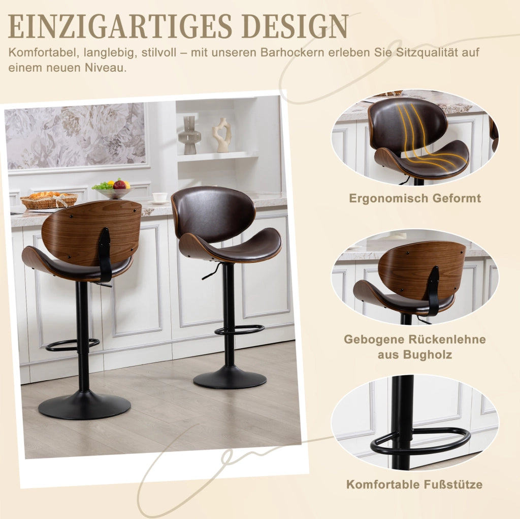 Sgabello da bar girevole e regolabile in altezza; in PU marrone; con schienale ergonomico