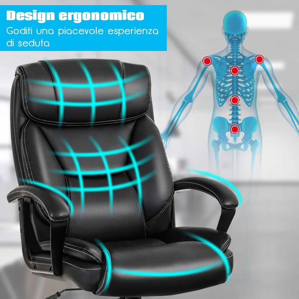 Poltrona da Ufficio Ergonomica Girevole, Sedia per Ufficio Regolabile con Poggiatesta Supporto Lombare e Braccioli, in Spugna Imbottita, Nera