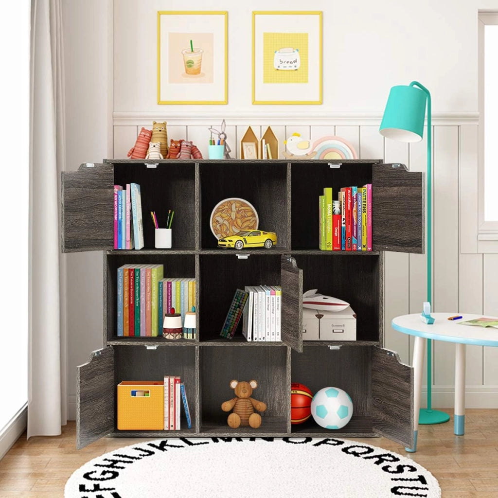 Armadietto Libreria a 3 Livelli, con 6/9 Scomparti, 3/5 Ante, Mobiletto Portalibri Moderno, Multiuso e Salvaspazio, Ideale per Soggiorno, Studio, Ufficio, Camera (Grigio, 90x29x90 cm)
